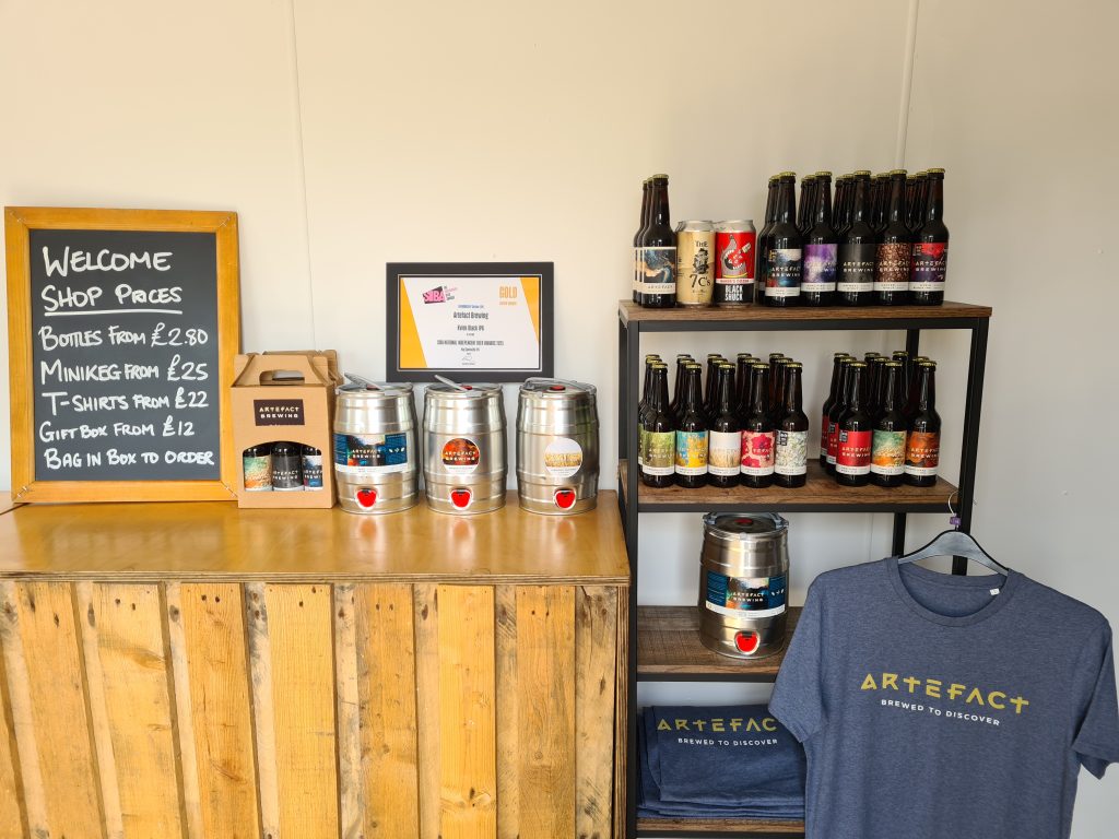 Artefact Little brewery shop where you can buy bottled beer, mini kegs, gift boxes and merch every Friday between 3pm and 6pm